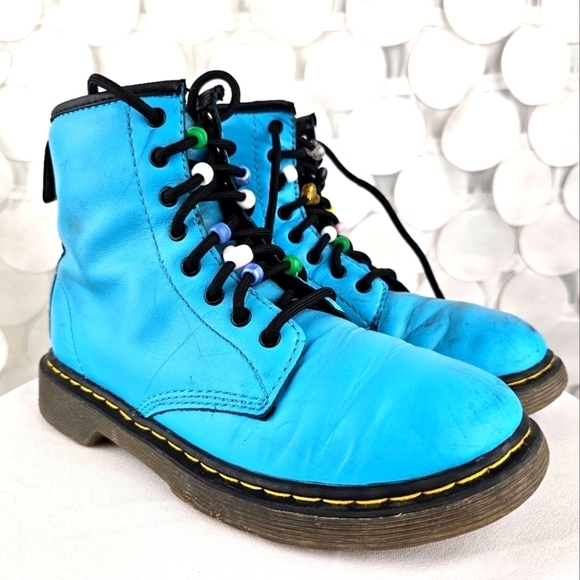 Dr. Martens Other - Dr. Martens Teal Blue Leather Boots Size 3 Side Zip Lace Up